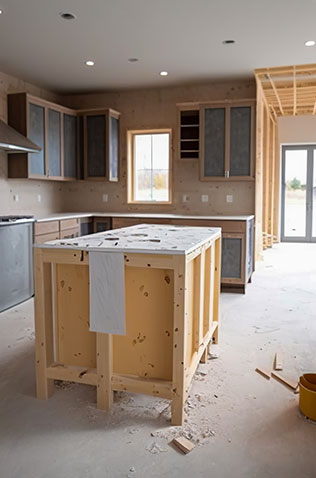 Modern kitchen interior with stainless steel appliances, wooden cabinets, and tile flooring in a home remodeling project.