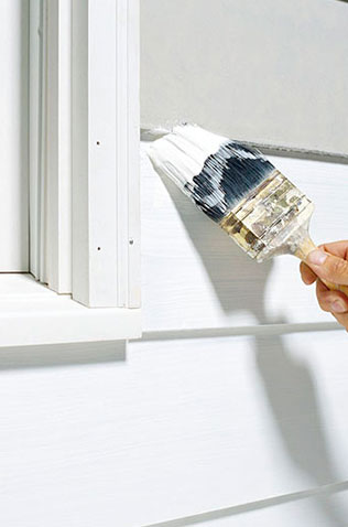 A vibrant acrylic painting depicting a serene home exterior with landscaping, showcasing the quality work of Global Home Improvements.